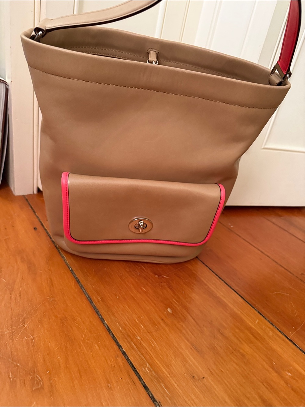 Tan Coach Shoulder Bag with Pink Trim